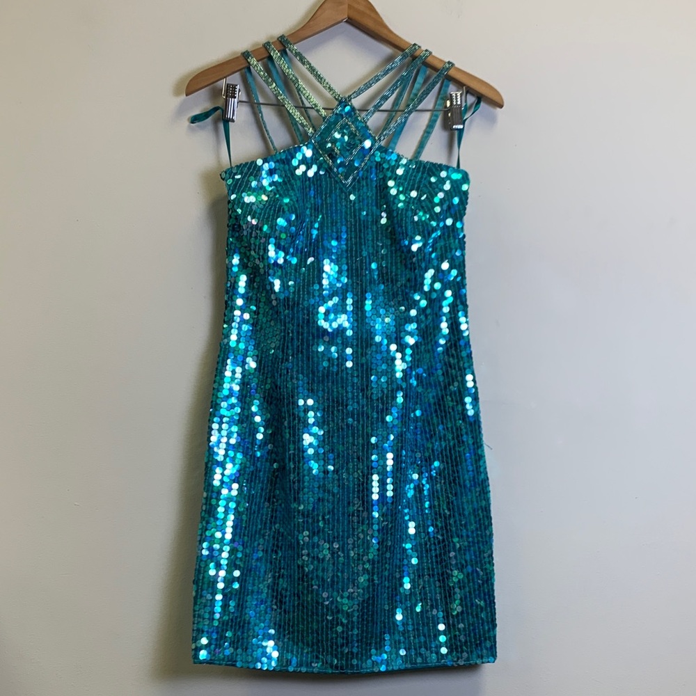 Robert Anthony Strappy Teal Sequin Mini Dress